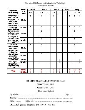 Đề kiểm tra chất lượng cuối năm Toán lớp 2 - Năm học 2016-2017